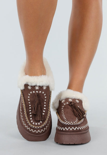 NEW191125 Bruine Pantoffels met Faux Fur