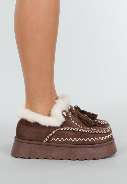 NEW191125 Bruine Pantoffels met Faux Fur