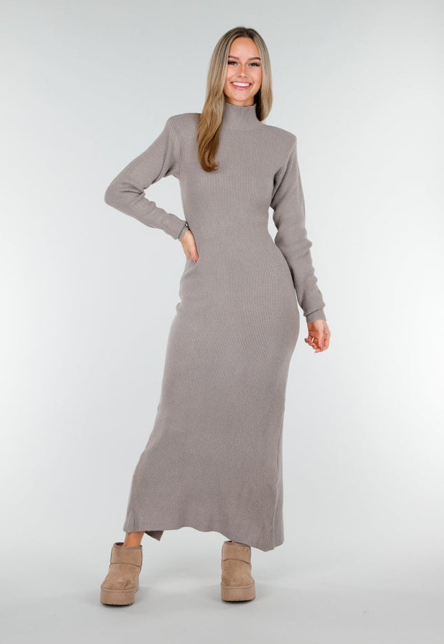 NEW191125 Taupe Lange Gebreide Jurk