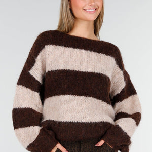 NEW191125 Bruin-Beige Gestreepte Fluffy Trui
