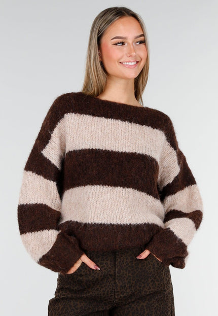 NEW191125 Bruin-Beige Gestreepte Fluffy Trui