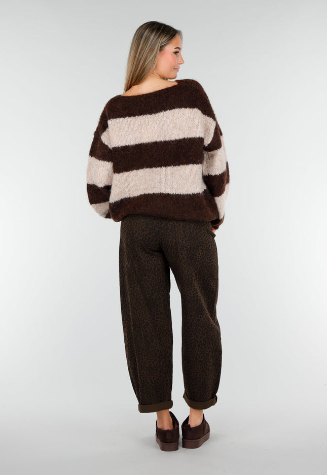 NEW191125 Bruin-Beige Gestreepte Fluffy Trui