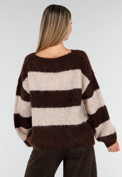 NEW191125 Bruin-Beige Gestreepte Fluffy Trui