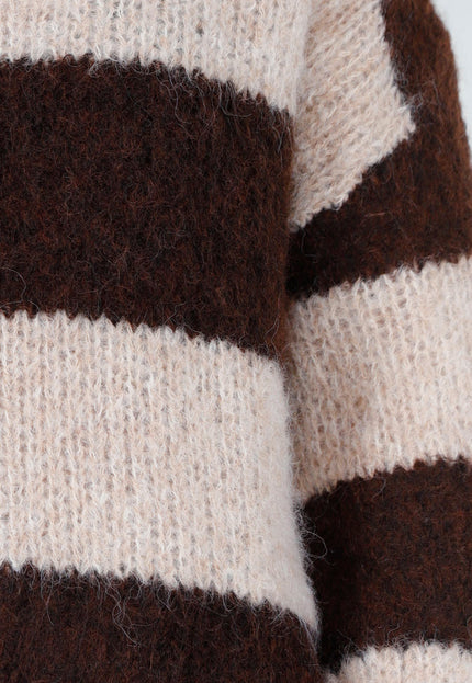 NEW191125 Bruin-Beige Gestreepte Fluffy Trui