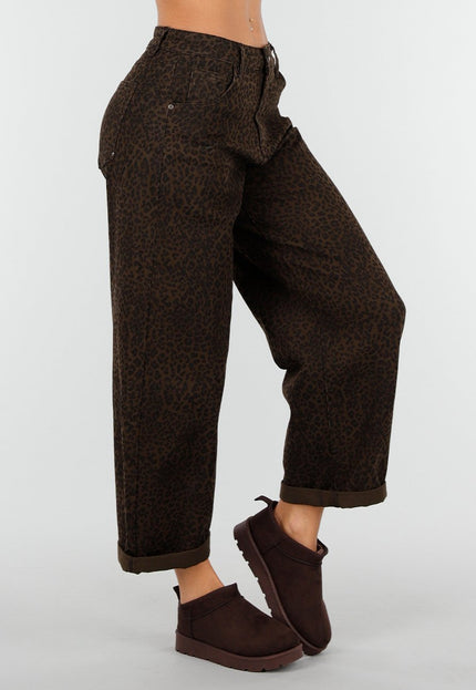 Redial Jeans Bruine Barrel Jeans met Panterprint