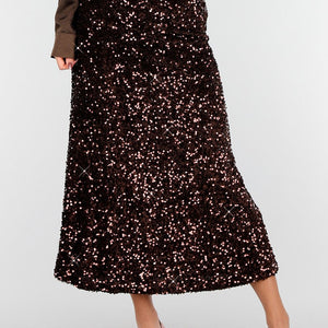 OP=OP.AV.12 Bruine Pailletten Midi Rok