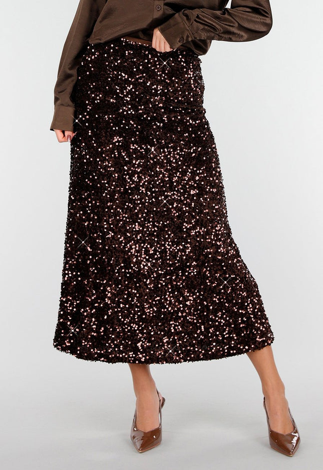 OP=OP.AV.12 Bruine Pailletten Midi Rok