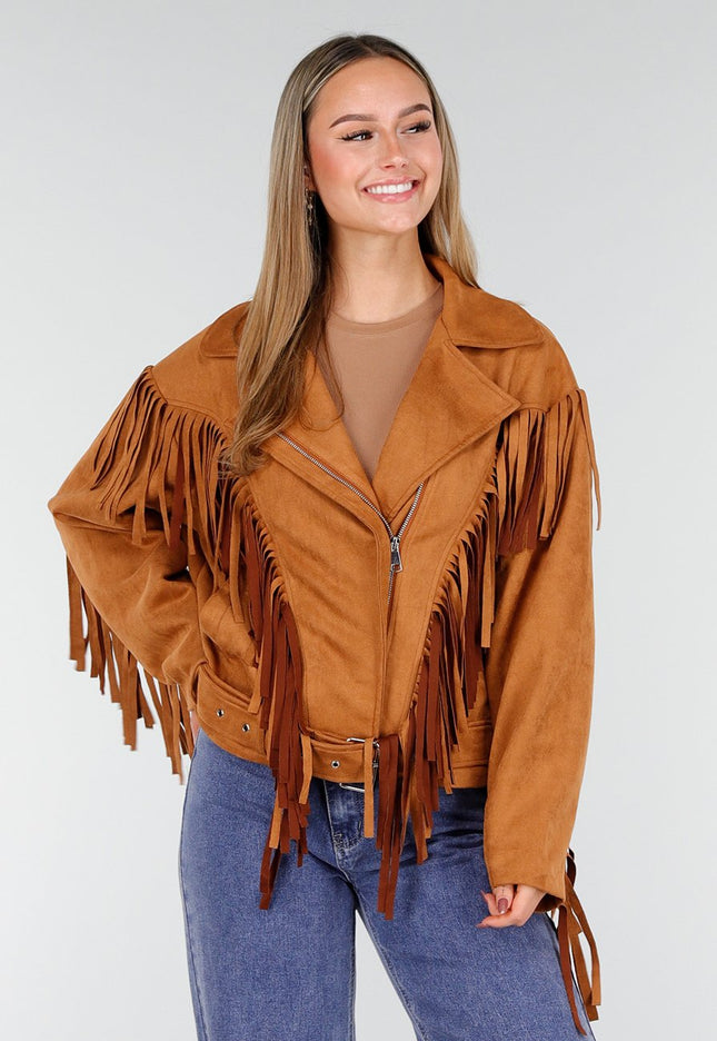NEW191125 Camel Suede Fringe Jas