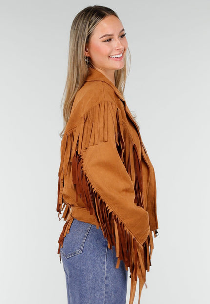 NEW191125 Camel Suede Fringe Jas