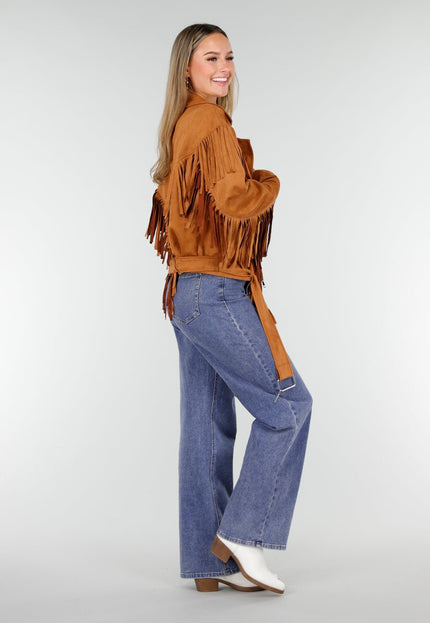 NEW191125 Camel Suede Fringe Jas