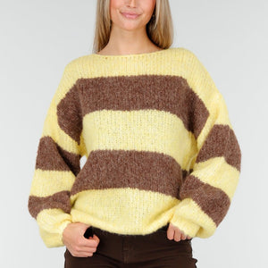 NEW191125 Geel-Bruine Gestreepte Fluffy Trui