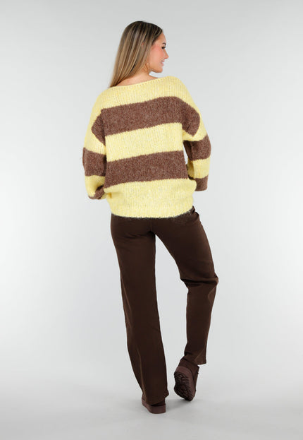 NEW191125 Geel-Bruine Gestreepte Fluffy Trui
