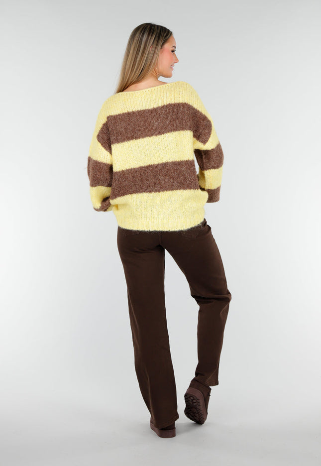 NEW191125 Geel-Bruine Gestreepte Fluffy Trui