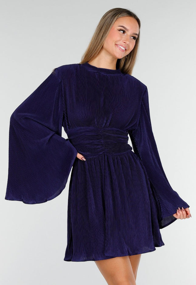 Navy Plisse Stretch Jurk