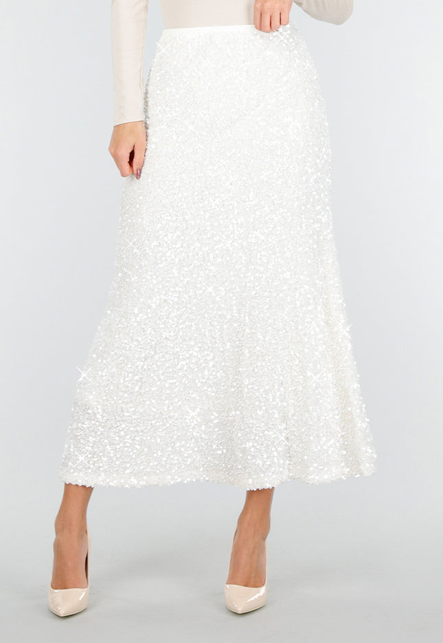 OP=OP.AV.12 Witte Pailletten Rok met Midi Lengte