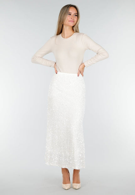 OP=OP.AV.12 Witte Pailletten Rok met Midi Lengte