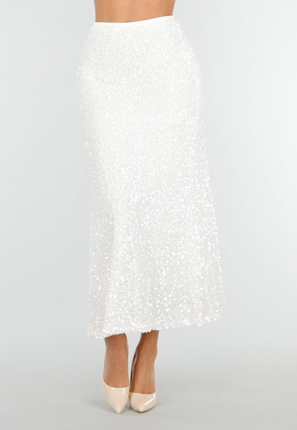 OP=OP.AV.12 Witte Pailletten Rok met Midi Lengte