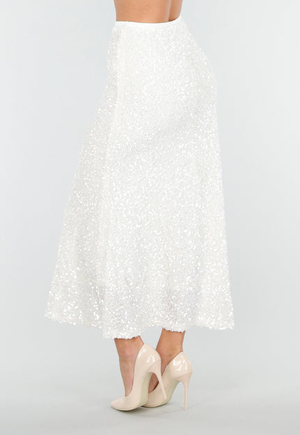 OP=OP.AV.12 Witte Pailletten Rok met Midi Lengte