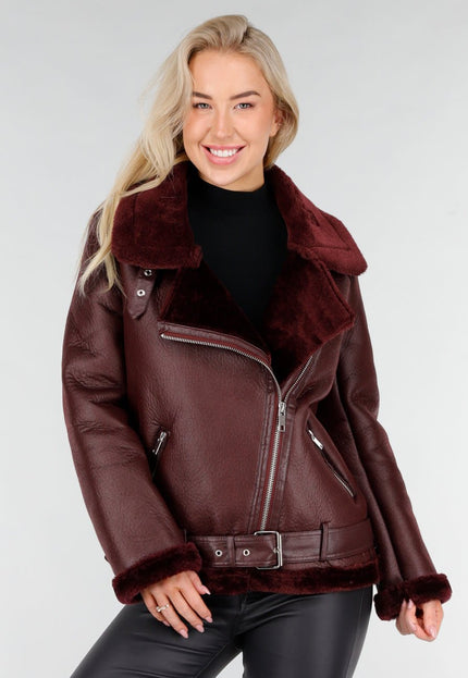 NEW191225 Bordeaux Biker Jas met Faux Fur