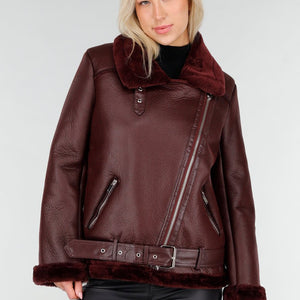 NEW191225 Bordeaux Biker Jas met Faux Fur