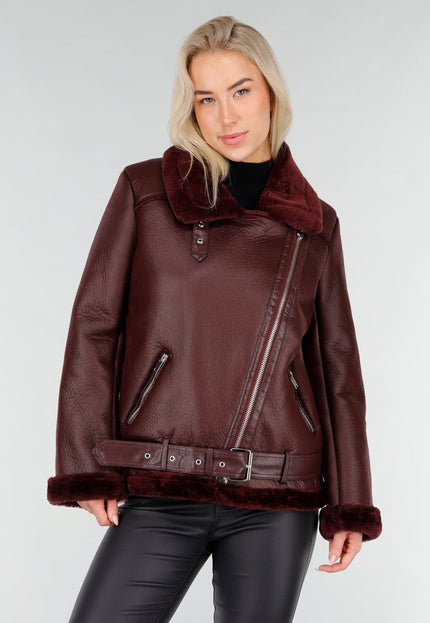 NEW191225 Bordeaux Biker Jas met Faux Fur