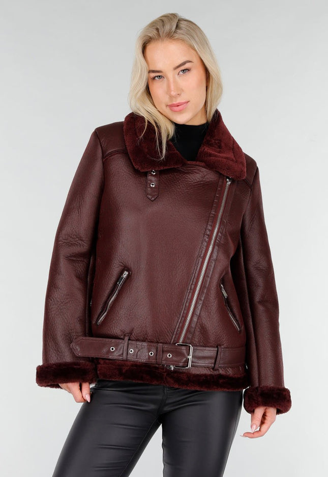 NEW191225 Bordeaux Biker Jas met Faux Fur