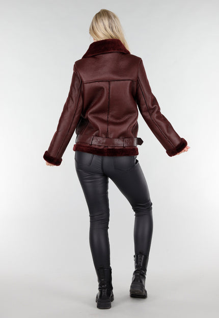 NEW191225 Bordeaux Biker Jas met Faux Fur