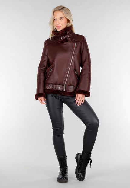 NEW191225 Bordeaux Biker Jas met Faux Fur