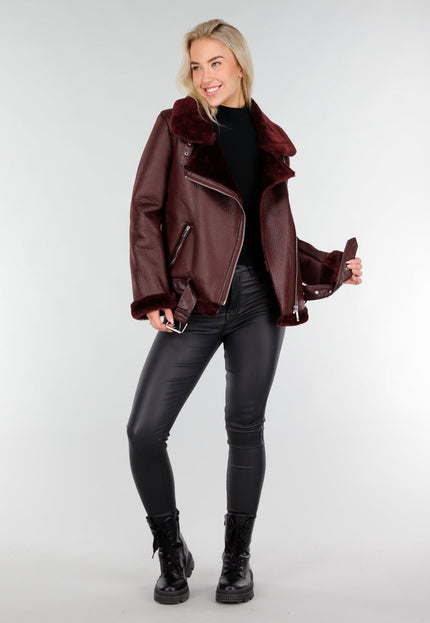 NEW191225 Bordeaux Biker Jas met Faux Fur