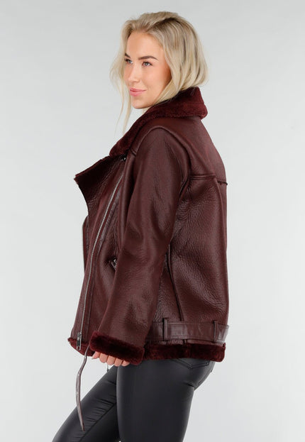 NEW191225 Bordeaux Biker Jas met Faux Fur