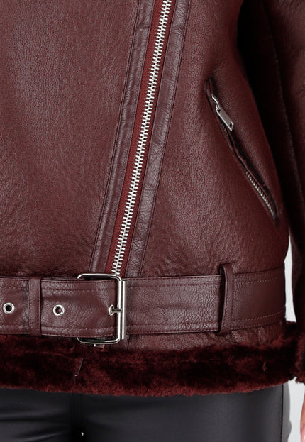 NEW191225 Bordeaux Biker Jas met Faux Fur