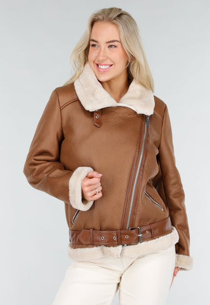 NEW191225 Bruine Biker Jas met Faux Fur