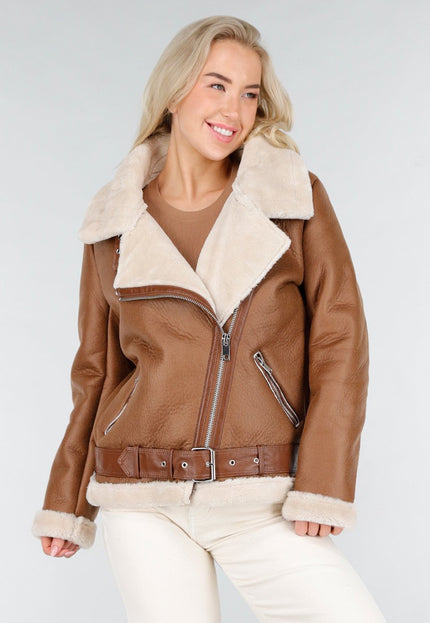 NEW191225 Bruine Biker Jas met Faux Fur