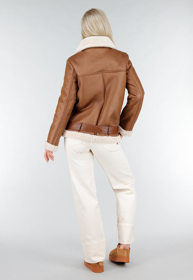 NEW191225 Bruine Biker Jas met Faux Fur