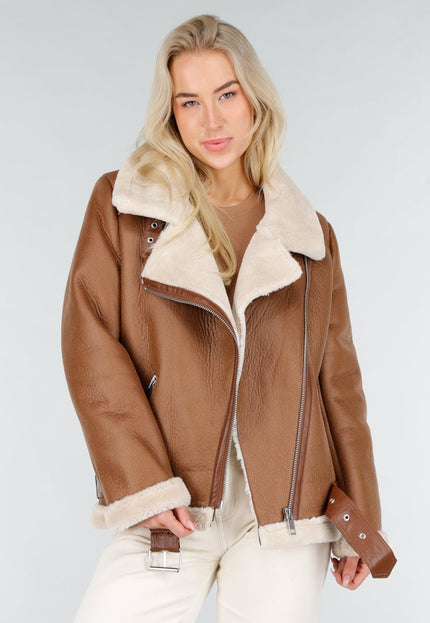 NEW191225 Bruine Biker Jas met Faux Fur