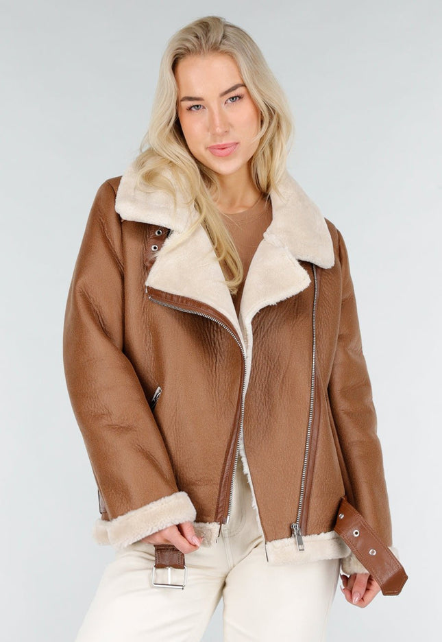 NEW191225 Bruine Biker Jas met Faux Fur