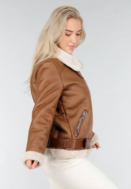 NEW191225 Bruine Biker Jas met Faux Fur