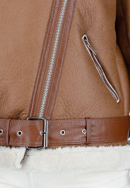 NEW191225 Bruine Biker Jas met Faux Fur