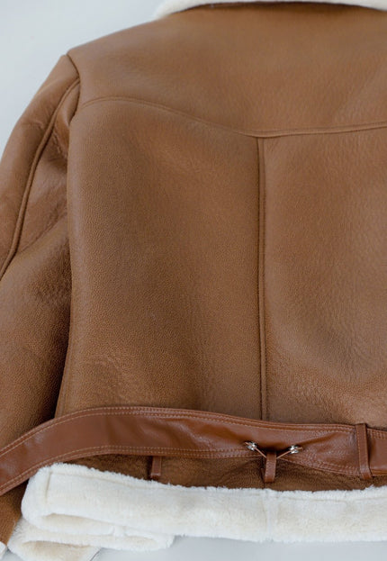 NEW191225 Bruine Biker Jas met Faux Fur