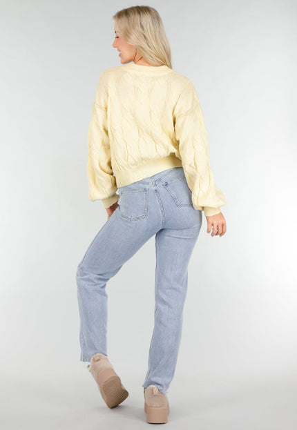 NEW191225 Butter Yellow Gebreide Trui met Kabelpatroon