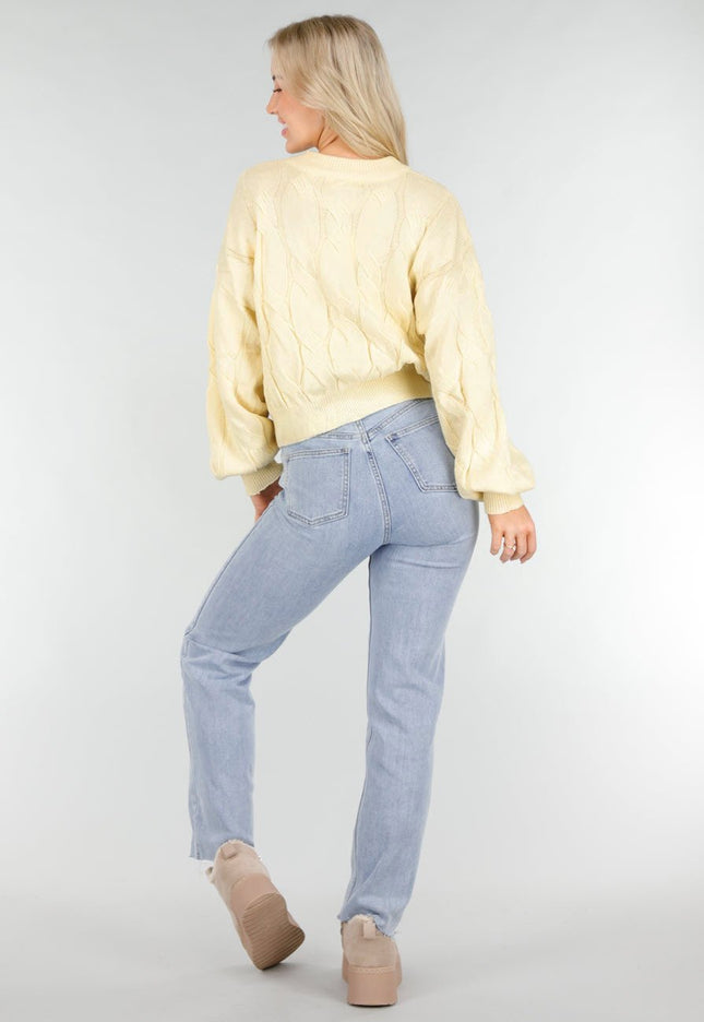 NEW191225 Butter Yellow Gebreide Trui met Kabelpatroon