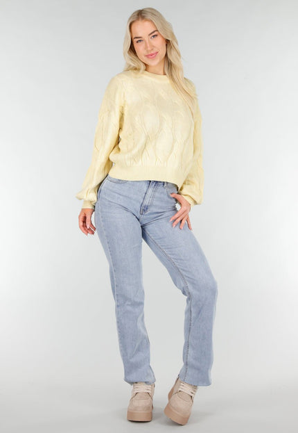 NEW191225 Butter Yellow Gebreide Trui met Kabelpatroon