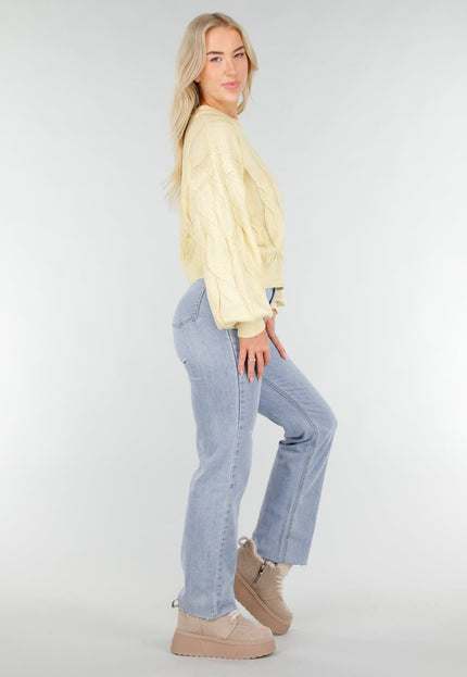 NEW191225 Butter Yellow Gebreide Trui met Kabelpatroon