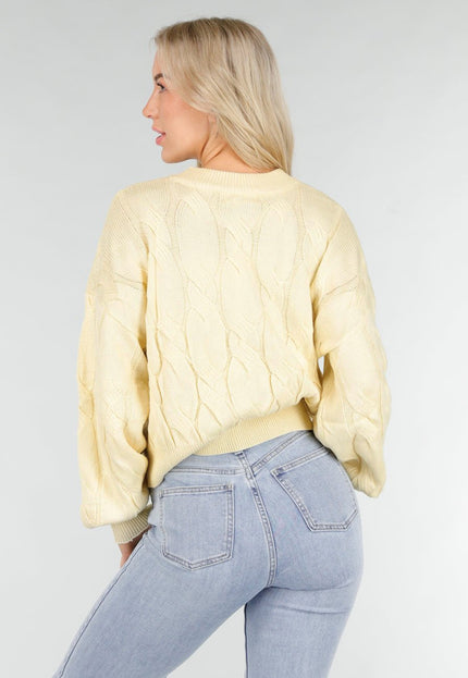 NEW191225 Butter Yellow Gebreide Trui met Kabelpatroon