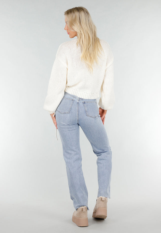 NEW191225 Crèmekleurige Gebreide Overslagtrui