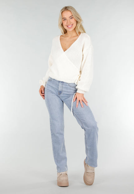 NEW191225 Crèmekleurige Gebreide Overslagtrui