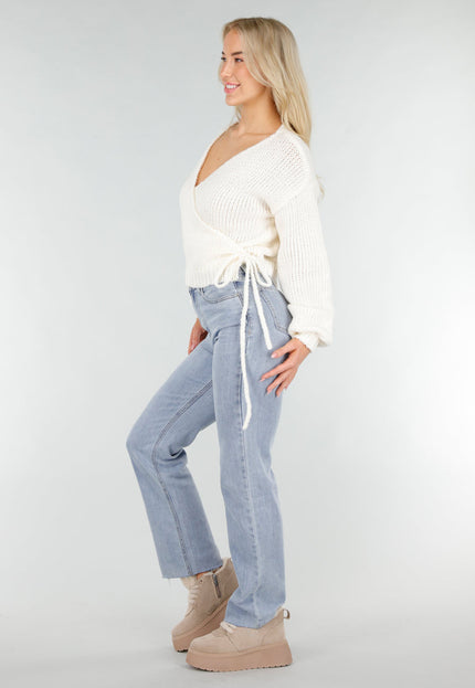 NEW191225 Crèmekleurige Gebreide Overslagtrui