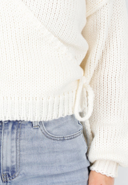 NEW191225 Crèmekleurige Gebreide Overslagtrui