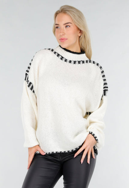 NEW191225 Crèmekleurige Gebreide Trui met Zwarte Rand