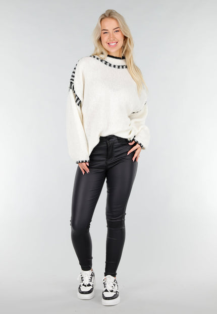 NEW191225 Crèmekleurige Gebreide Trui met Zwarte Rand